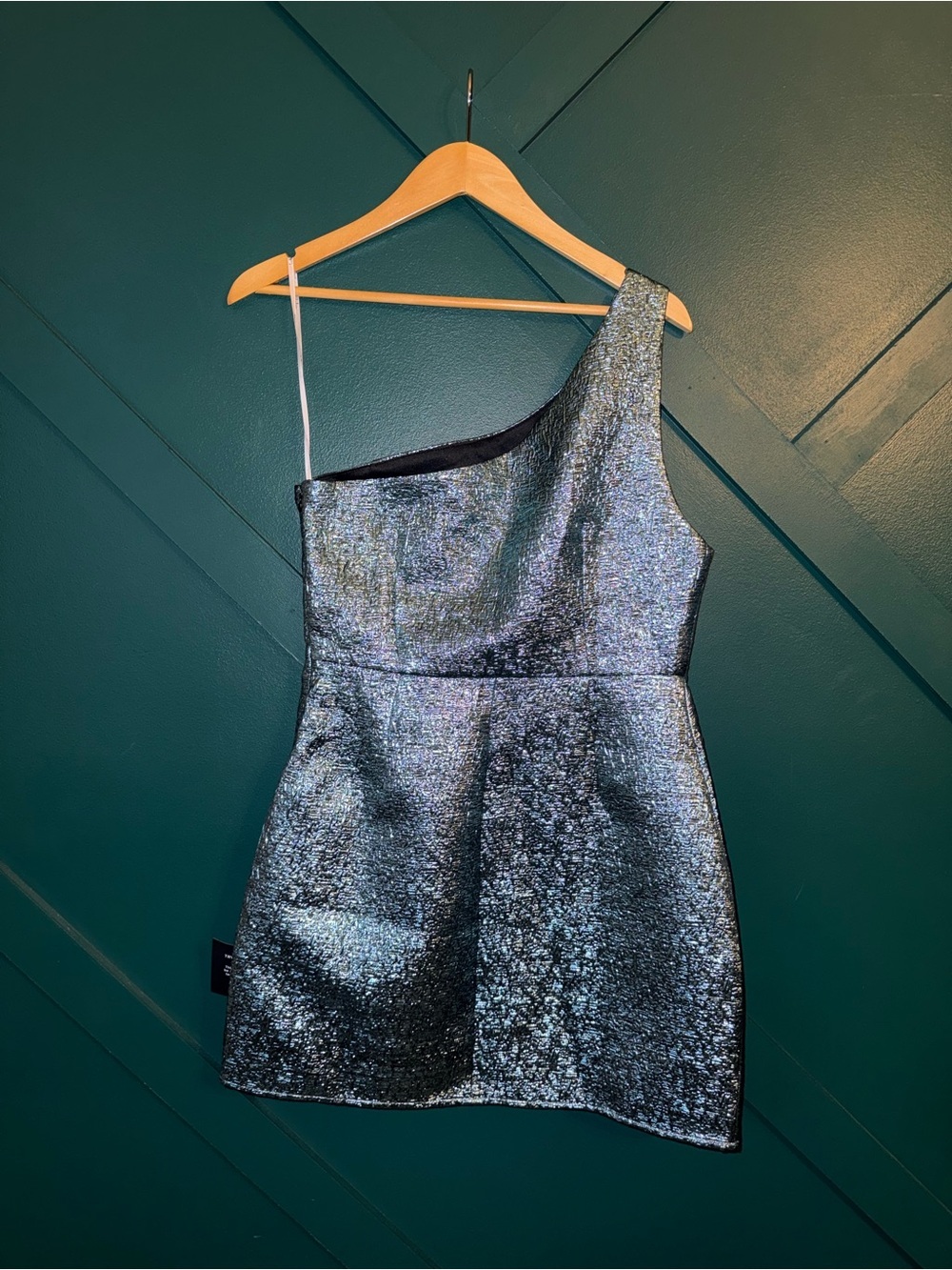 Modern Dream Teal Metallic Jacquard One-Shoulder Mini Party Dress - Picture 3 of 6